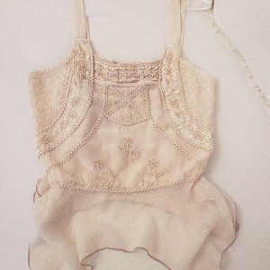 *Soft & Sweet* Halter Top Short Off White Embroidered Iridescent Beading HnkyHem